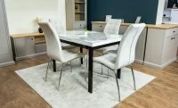 Set Masă Living Extensibilă Blat Ceramic KJT416 Alb-Cappuccino cu 4 Scaune F630 Bej 2