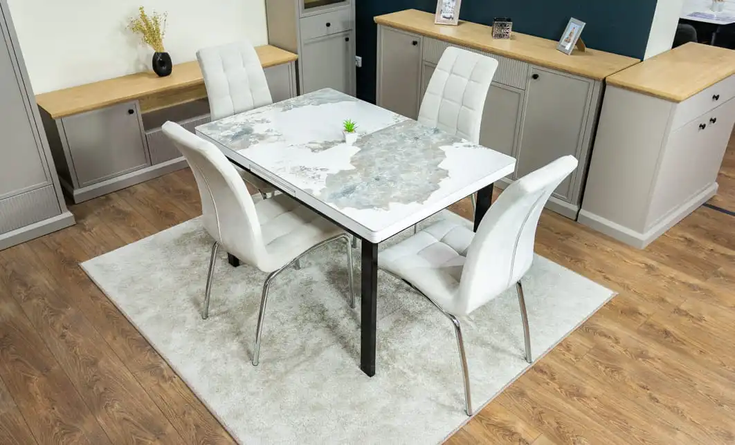 Set Masă Living Extensibilă Blat Ceramic KJT416 Alb-Cappuccino cu 4 Scaune F630 Bej 1