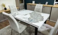 Set Masă Living Extensibilă Blat Ceramic KJT416 Alb-Cappuccino cu 4 Scaune F630 Bej