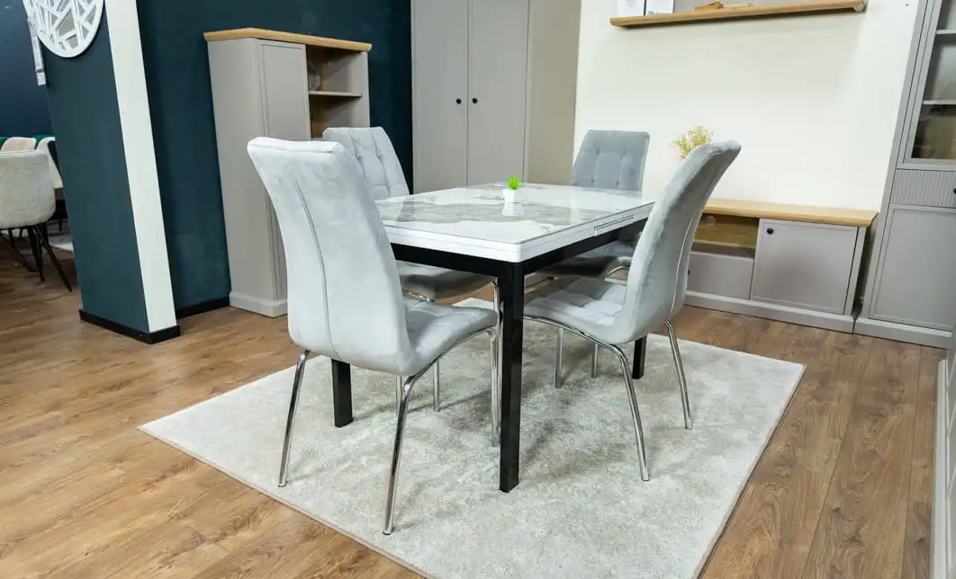 Set Masă Living Extensibilă Blat Ceramic KJT416 Alb-Cappuccino cu 4 Scaune F630 Gri 10