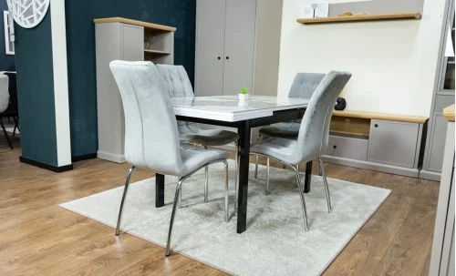 Set Masă Living Extensibilă Blat Ceramic KJT416 Alb-Cappuccino cu 4 Scaune F630 Gri
