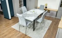Set Masă Living Extensibilă Blat Ceramic KJT416 Alb-Cappuccino cu 4 Scaune F630 Gri