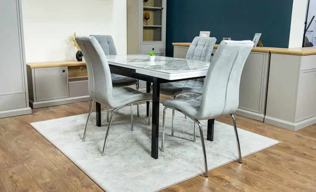 Set Masă Living Extensibilă Blat Ceramic KJT416 Alb-Cappuccino cu 4 Scaune F630 Gri 4
