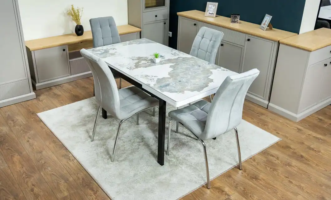 Set Masă Living Extensibilă Blat Ceramic KJT416 Alb-Cappuccino cu 4 Scaune F630 Gri 5