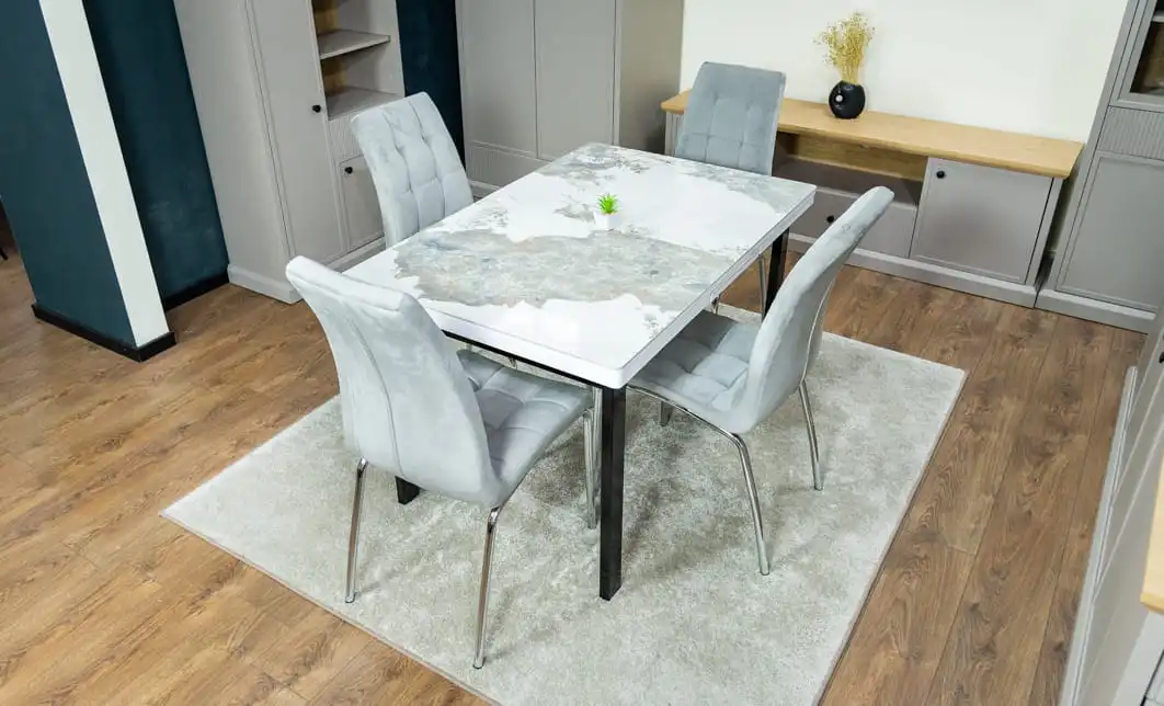 Set Masă Living Extensibilă Blat Ceramic KJT416 Alb-Cappuccino cu 4 Scaune F630 Gri