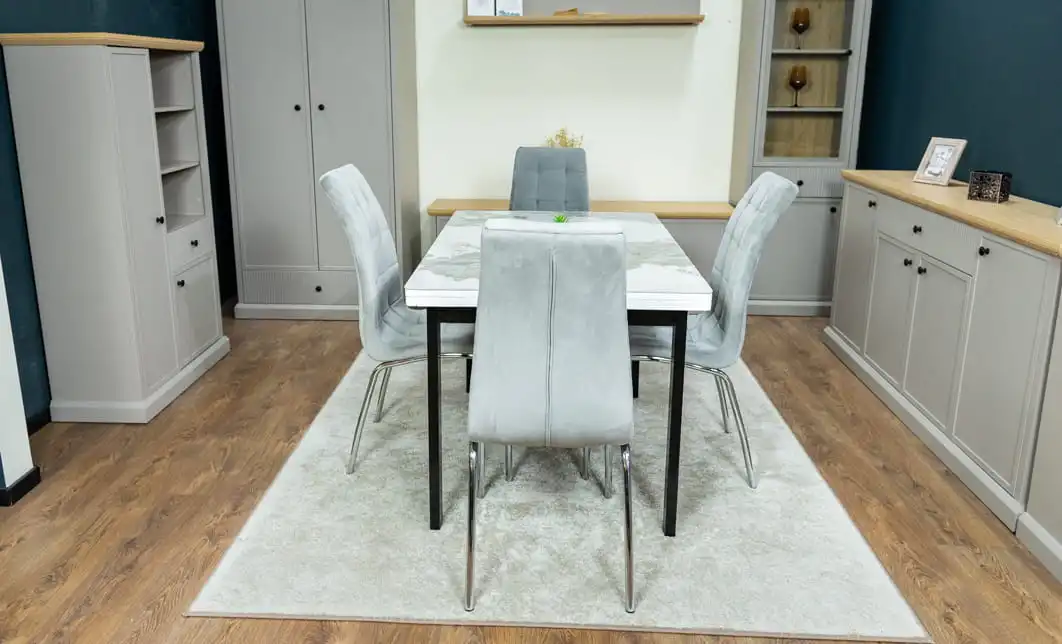 Set Masă Living Extensibilă Blat Ceramic KJT416 Alb-Cappuccino cu 4 Scaune F630 Gri 8