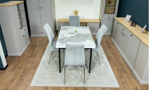 Set Masă Living Extensibilă Blat Ceramic KJT416 Alb-Cappuccino cu 4 Scaune F630 Gri