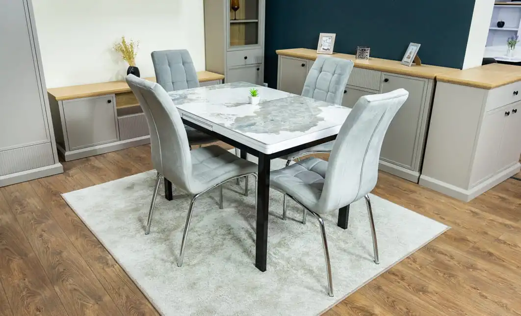 Set Masă Living Extensibilă Blat Ceramic KJT416 Alb-Cappuccino cu 4 Scaune F630 Gri