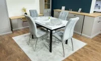 Set Masă Living Extensibilă Blat Ceramic KJT416 Alb-Cappuccino cu 4 Scaune F630 Gri