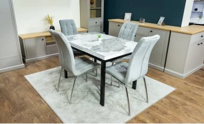 Set Masă Living Extensibilă Blat Ceramic KJT416 Alb-Cappuccino cu 4 Scaune F630 Gri
