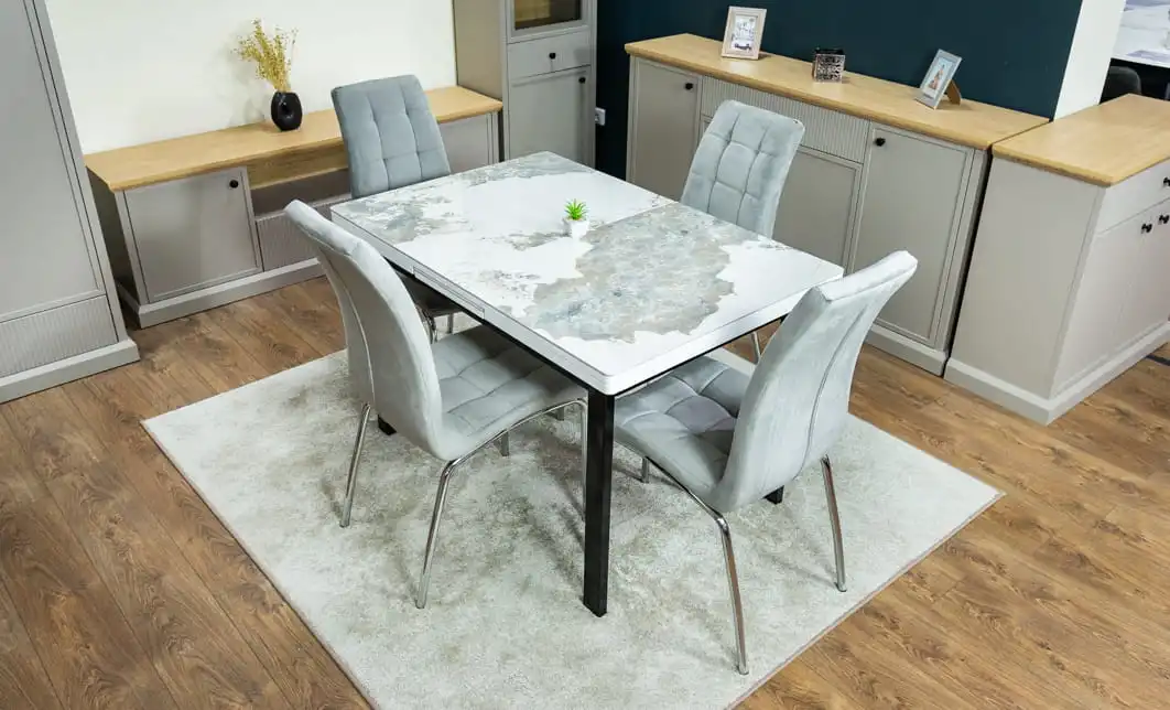 Set Masă Living Extensibilă Blat Ceramic KJT416 Alb-Cappuccino cu 4 Scaune F630 Gri 2