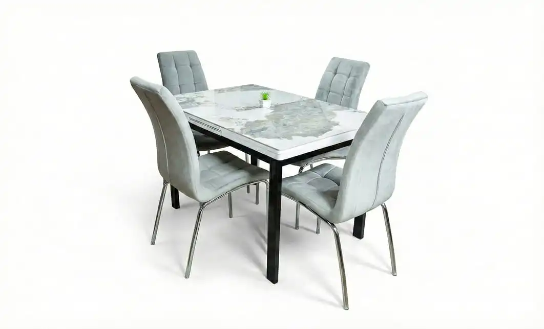 Set Masă Living Extensibilă Blat Ceramic KJT416 Alb-Cappuccino cu 4 Scaune F630 Gri 1