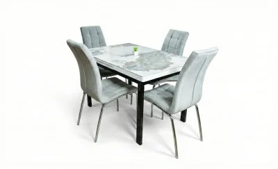 Set Masă Living Extensibilă Blat Ceramic KJT416 Alb-Cappuccino cu 4 Scaune F630 Gri