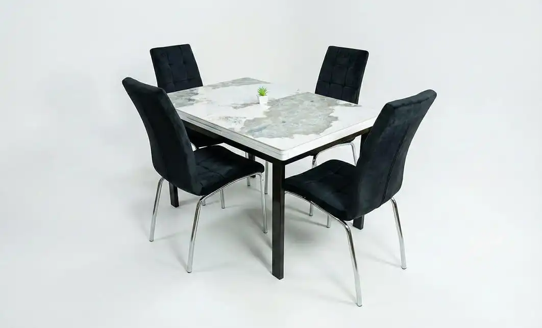 Set Masă Living Extensibilă Blat Ceramic KJT416 Alb-Cappuccino cu 4 Scaune F630 Negre 1