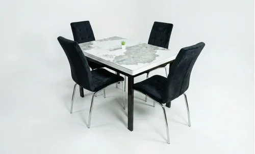 Set Masă Living Extensibilă Blat Ceramic KJT416 Alb-Cappuccino cu 4 Scaune F630 Negre
