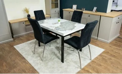 Set Masă Living Extensibilă Blat Ceramic KJT416 Alb-Cappuccino cu 4 Scaune F630 Negre