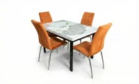 Set Masă Living Extensibilă Blat Ceramic KJT416 Alb-Cappuccino cu 4 Scaune F630 Portocalii 1