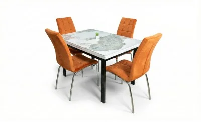 Set Masă Living Extensibilă Blat Ceramic KJT416 Alb-Cappuccino cu 4 Scaune F630 Portocalii