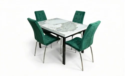 Set Masă Living Extensibilă Blat Ceramic KJT416 Alb-Cappuccino cu 4 Scaune F630 Verzi