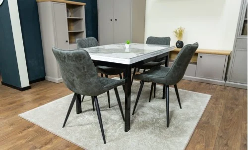 Set Masă Living Extensibilă Blat Ceramic KJT416 Alb-Cappuccino cu 4 Scaune J262-L Gri