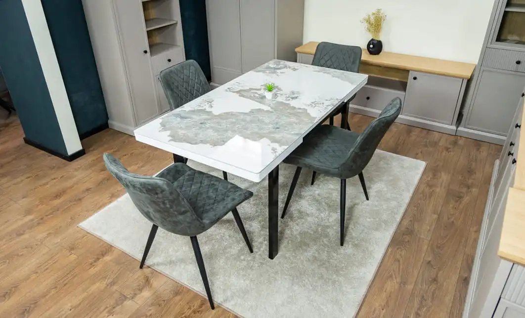 Set Masă Living Extensibilă Blat Ceramic KJT416 Alb-Cappuccino cu 4 Scaune J262-L Gri
