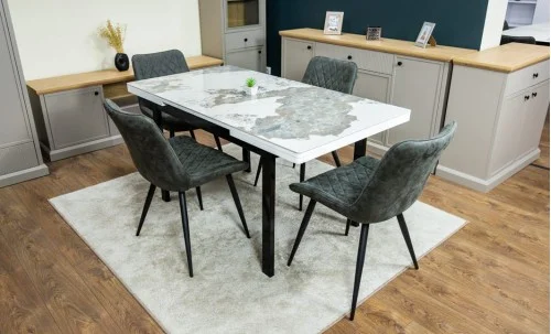 Set Masă Living Extensibilă Blat Ceramic KJT416 Alb-Cappuccino cu 4 Scaune J262-L Gri