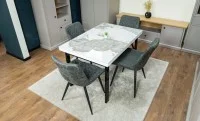 Set Masă Living Extensibilă Blat Ceramic KJT416 Alb-Cappuccino cu 4 Scaune J262-L Gri