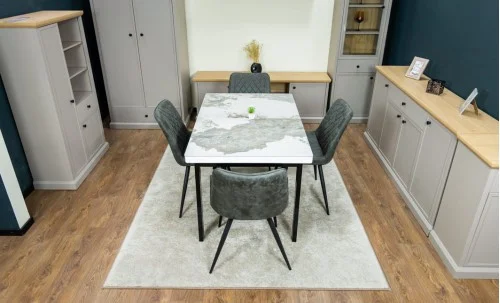 Set Masă Living Extensibilă Blat Ceramic KJT416 Alb-Cappuccino cu 4 Scaune J262-L Gri