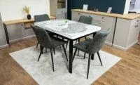 Set Masă Living Extensibilă Blat Ceramic KJT416 Alb-Cappuccino cu 4 Scaune J262-L Gri