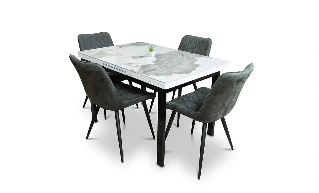 Set Masă Living Extensibilă Blat Ceramic KJT416 Alb-Cappuccino cu 4 Scaune J262-L Gri 1