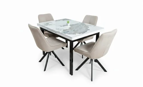 Set Masă Living Extensibilă Blat Ceramic KJT416 Alb-Cappuccino cu 4 Scaune KJC0356 Bej