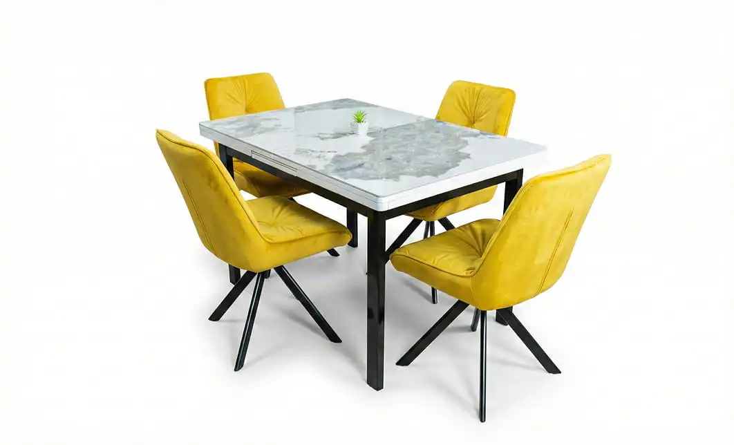 Set Masă Living Extensibilă Blat Ceramic KJT416 Alb-Cappuccino cu 4 Scaune KJC0356 Galben 1