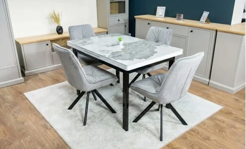 Set Masă Living Extensibilă Blat Ceramic KJT416 Alb-Cappuccino cu 4 Scaune KJC0356 Gri