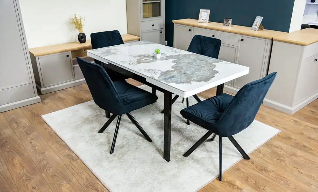 Set Masă Living Extensibilă Blat Ceramic KJT416 Alb-Cappuccino cu 4 Scaune KJC0356 Negre 5