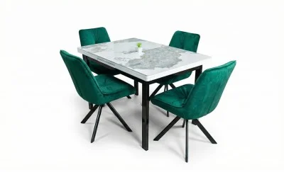 Set Masă Living Extensibilă Blat Ceramic KJT416 Alb-Cappuccino cu 4 Scaune KJC0356 Verde