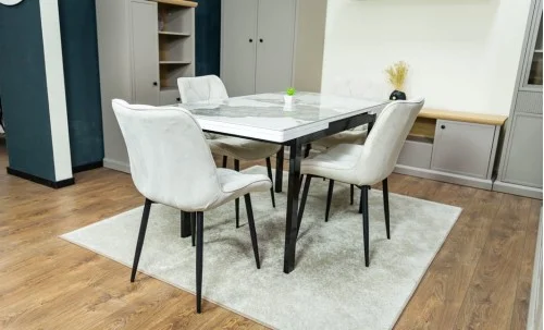 Set Masă Living Extensibilă Blat Ceramic KJT416 Alb-Cappuccino cu 4 Scaune KJC0357 Bej