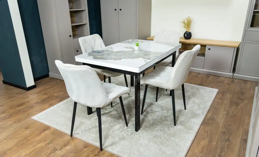 Set Masă Living Extensibilă Blat Ceramic KJT416 Alb-Cappuccino cu 4 Scaune KJC0357 Bej