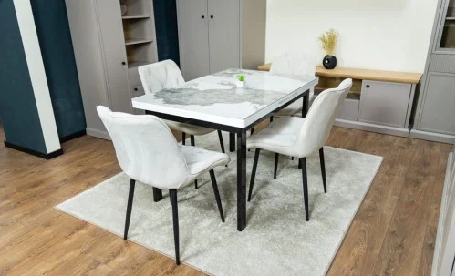 Set Masă Living Extensibilă Blat Ceramic KJT416 Alb-Cappuccino cu 4 Scaune KJC0357 Bej
