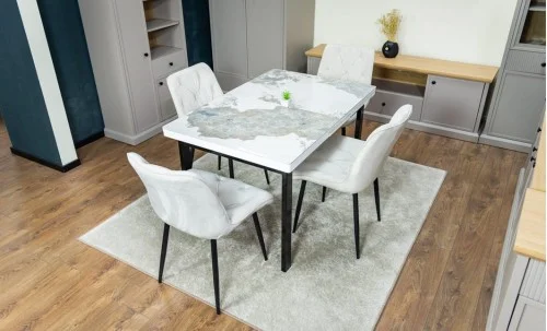 Set Masă Living Extensibilă Blat Ceramic KJT416 Alb-Cappuccino cu 4 Scaune KJC0357 Bej
