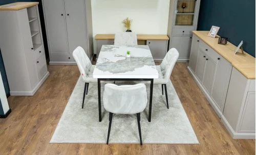 Set Masă Living Extensibilă Blat Ceramic KJT416 Alb-Cappuccino cu 4 Scaune KJC0357 Bej