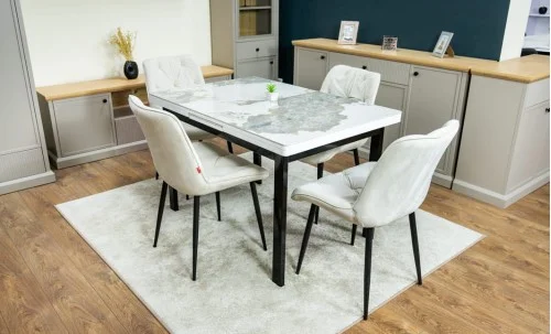 Set Masă Living Extensibilă Blat Ceramic KJT416 Alb-Cappuccino cu 4 Scaune KJC0357 Bej
