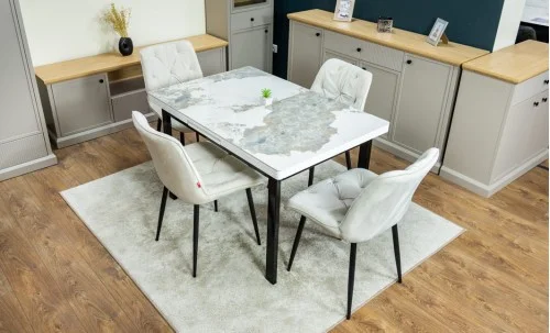 Set Masă Living Extensibilă Blat Ceramic KJT416 Alb-Cappuccino cu 4 Scaune KJC0357 Bej