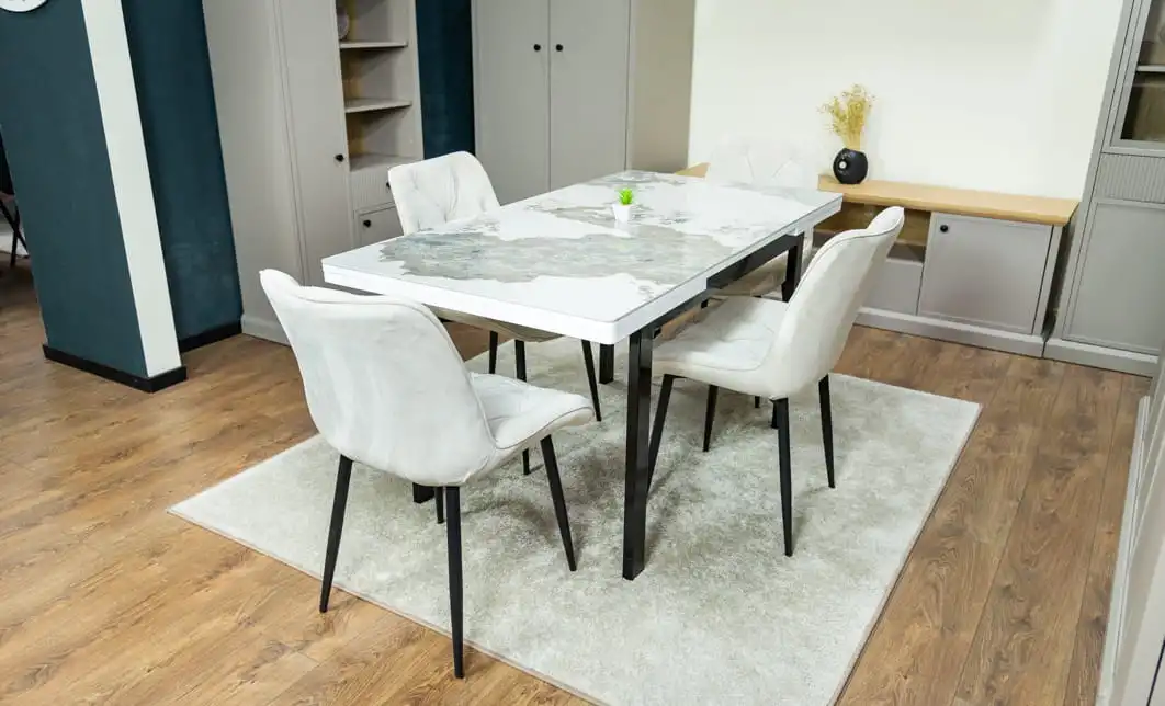 Set Masă Living Extensibilă Blat Ceramic KJT416 Alb-Cappuccino cu 4 Scaune KJC0357 Bej