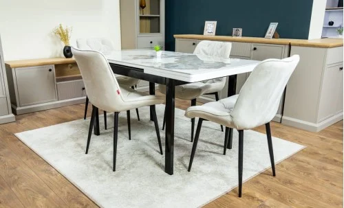 Set Masă Living Extensibilă Blat Ceramic KJT416 Alb-Cappuccino cu 4 Scaune KJC0357 Bej