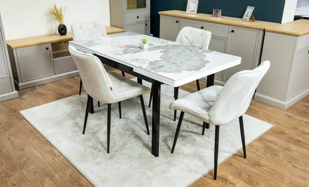 Set Masă Living Extensibilă Blat Ceramic KJT416 Alb-Cappuccino cu 4 Scaune KJC0357 Bej
