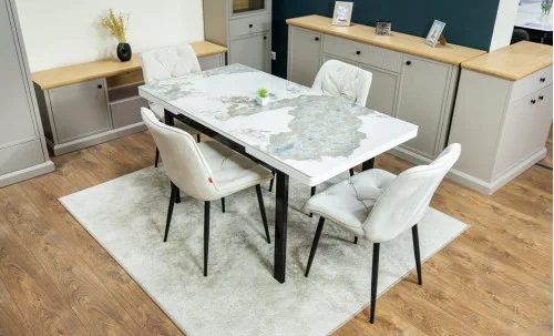 Set Masă Living Extensibilă Blat Ceramic KJT416 Alb-Cappuccino cu 4 Scaune KJC0357 Bej