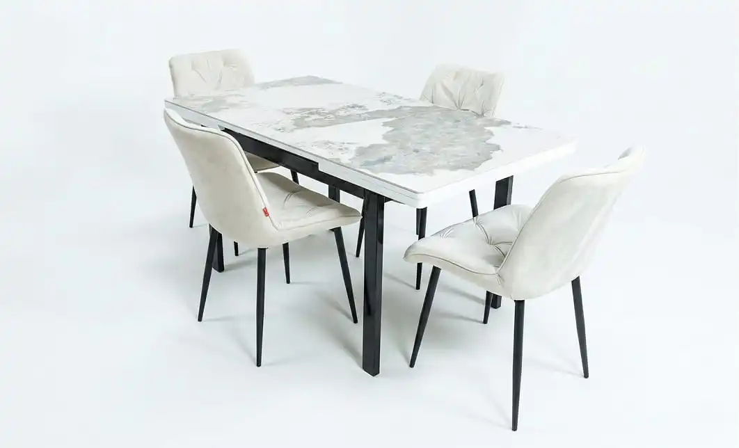 Set Masă Living Extensibilă Blat Ceramic KJT416 Alb-Cappuccino cu 4 Scaune KJC0357 Bej 1