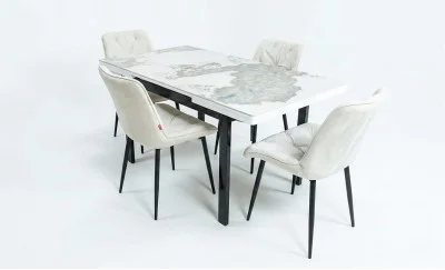 Set Masă Living Extensibilă Blat Ceramic KJT416 Alb-Cappuccino cu 4 Scaune KJC0357 Bej