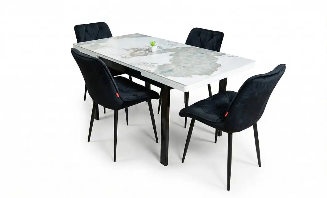 Set Masă Living Extensibilă Blat Ceramic KJT416 Alb-Cappuccino cu 4 Scaune KJC0357 Negre 1