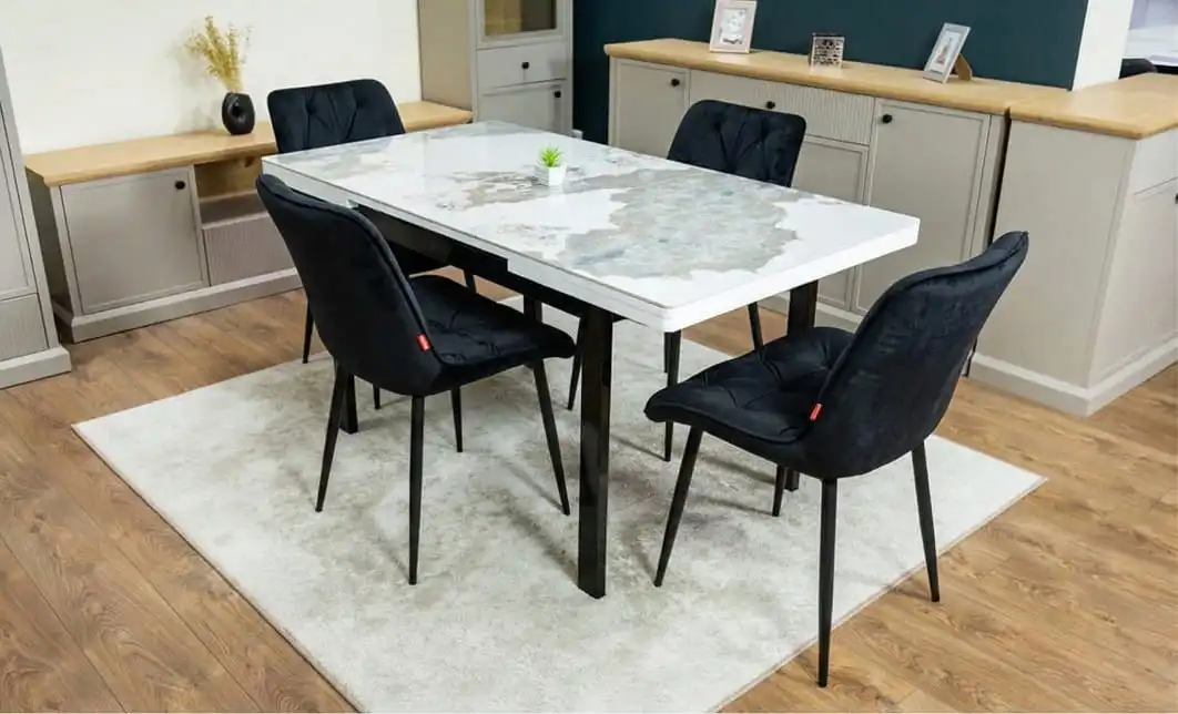 Set Masă Living Extensibilă Blat Ceramic KJT416 Alb-Cappuccino cu 4 Scaune KJC0357 Negre